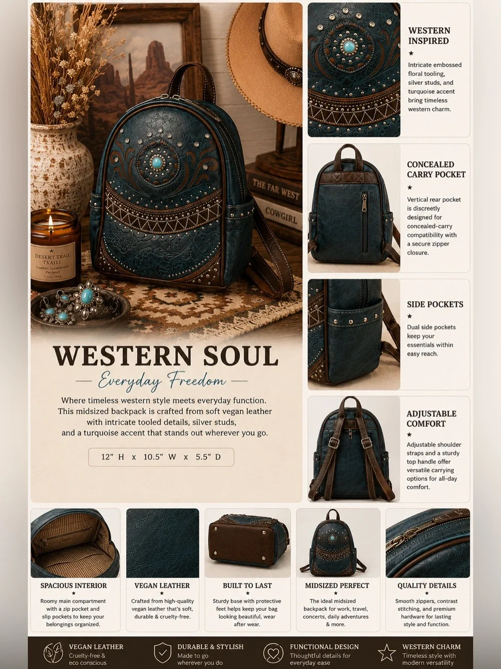 Western Embroidered Teal Backpack with Brown Trim Concealed Carry Bag Embossed